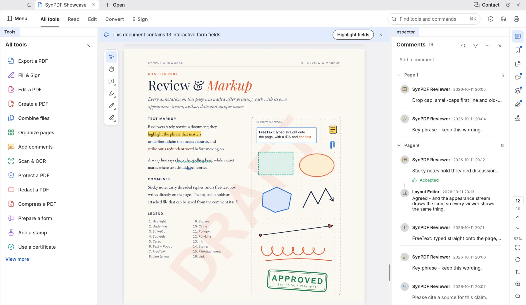 SynPDF's comments panel listing notes and highlights next to the page.