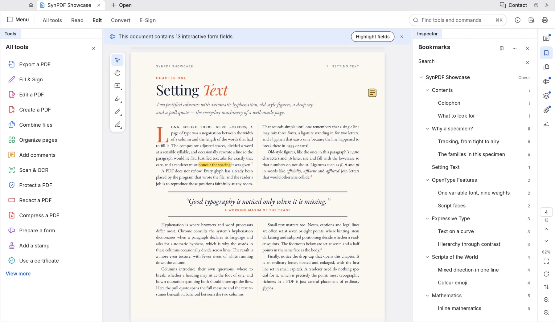 SynPDF's Edit tools open on a document page.