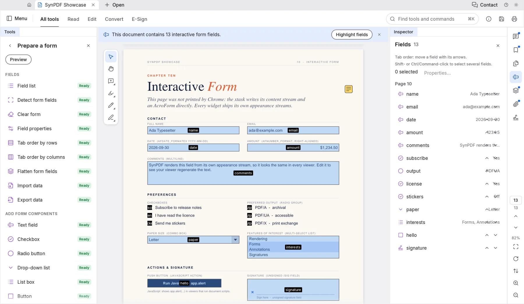 SynPDF's Prepare a form tools with the form fields list.