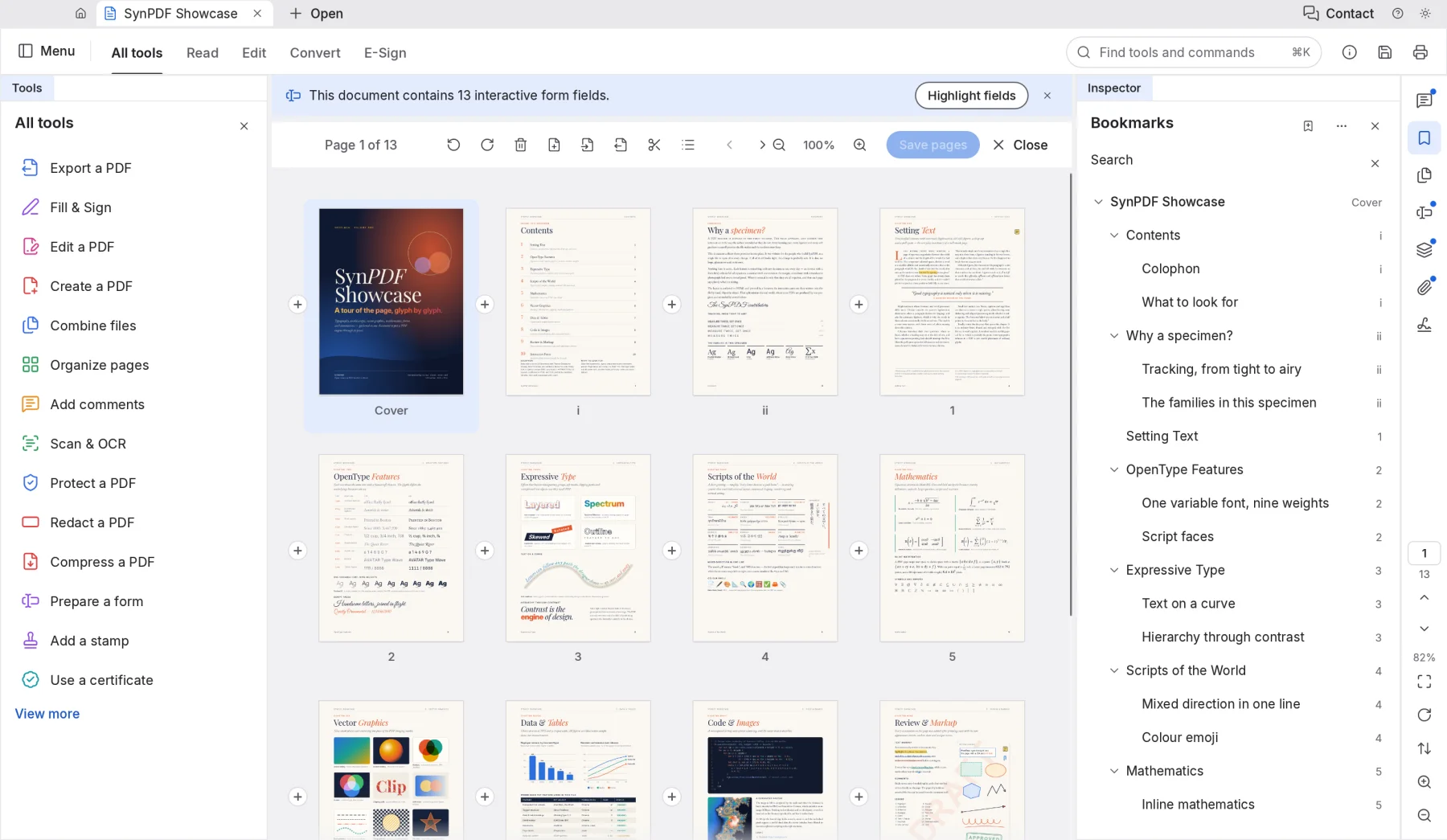 SynPDF's Organise pages view: page thumbnails in a grid, ready to reorder, rotate or delete.