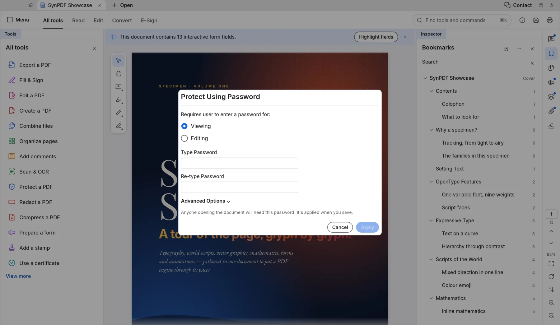 SynPDF's Protect tools: password protection, redaction and removing hidden information.