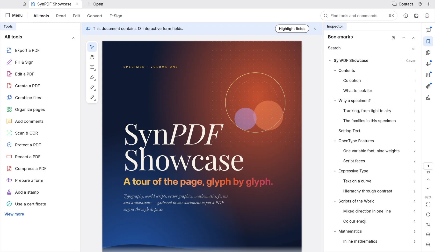 SynPDF reading the SynPDF Showcase document, with the tools list on the left and page controls on the right.